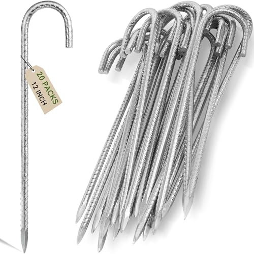 Graxury 20Packs 12inch Heavy Duty Trampoline Tents Anchor Ground Pegs - Galvanized Steel Rust-Proof J Hook Rebar Stakes Fit Trampolines Camp Garden Shed Swings with Chisel Point End