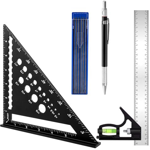 Equerre Menuisier 185 mm, Règle d'Angle Combinée Aluminium 300 mm, Crayon Chantier avec 12 Mines pour Tracé Mesure Marquage Travail Du Bois