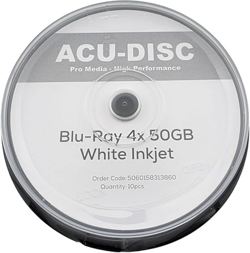 ACU-DISC Pro-Series BD-R 50GB 4x HTL Dual Layer DL BDR Full Face White Inkjet Printable Recordable Blank Data Blu-Ray Discs Cake Box/Spindle 18209 - 20 Pack