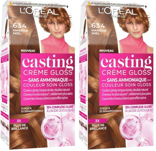 L’ORÉAL PARIS - Coloration Cheveux Semi-Permanente Ton sur Ton - Couleur Soin Gloss - Sans Ammoniaque - Casting Crème Gloss - Nuance : Marron Miel (634) (Lot de 2)