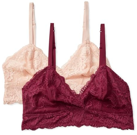 Amazon Essentials Women's Stretch Galloon Lace Unlined Longline Triangle Bralette, Pack of 2, Burgundy/Soft Petal, Large