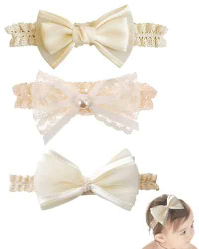 TPZORJX 3PCS Bebé Niña Diadema - Diadema Lazo de Encaje Elástica Soft Diademas de Bebé Elegante Accesorios para el Cabello para Fiestas, Sesiones de Fotos, Fiestas de Cumpleaños, Blanco