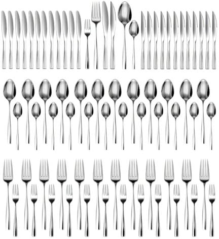 Kixolo Ménagère 12 personnes, 72 pièces en acier inoxydable avec couteau, fourchette, cuillère, élégante, polie, pour la maison, les fêtes et les