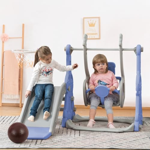 DADEA 4 in 1 Kinderrutsche mit Korb, Rutsche und Schaukel für Kinder im Freien, Blau, Schaukel und Rutsche für Kinder zu Hause, 140 × 118 × 82 cm, geeignet für den Innen- und Außenbereich und Garten