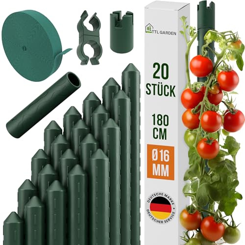 TTL GARDEN Lot de 20 tuteurs 180 cm x 16 mm de diamètre - Vert - Extra stables - 16 mm - Tuteurs + bande Velcro + clips en acier inoxydable revêtu de plastique - Support pour plantes tomates, poivrons