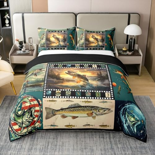 Homemissing Juego de funda de edredón 100 % algodón, tamaño King, lubina, pez grande, para niños y niñas, decoración de pesca y caza, suave decoración de dormitorio, sin edredón