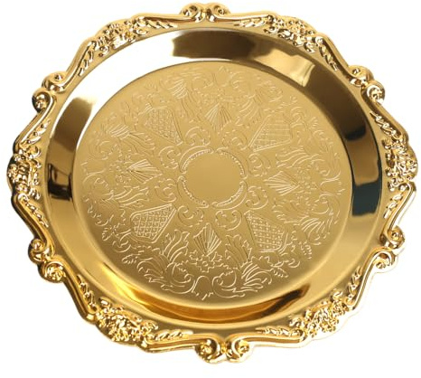 Bandeja Decorativa de Plata Vintage, Tallada en Relieve, Plato Dorado Decorativo de Lujo para aromaterapia, Frutas, Aperitivos y Bebidas.