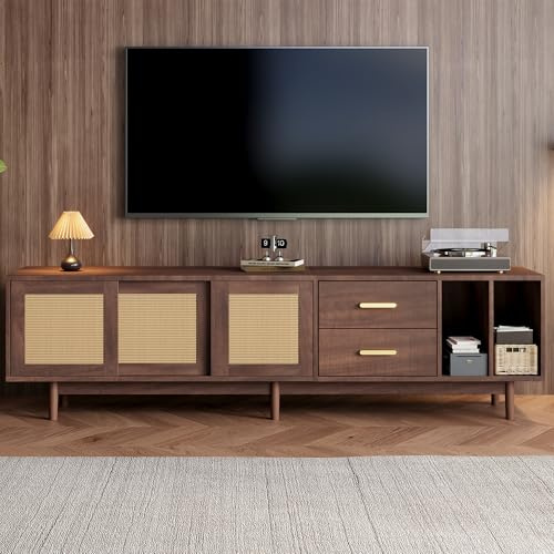 BTM 190 cm Lagerschrank, Lowboard-TV-Schrank mit Schubladen, TV-Ständer aus braunem Rattan-MDF-Material, Design mit 6 Stützbeinen, multifunktionaler Wohnzimmer-Lagerschrank,75-Zoll-Fernseher