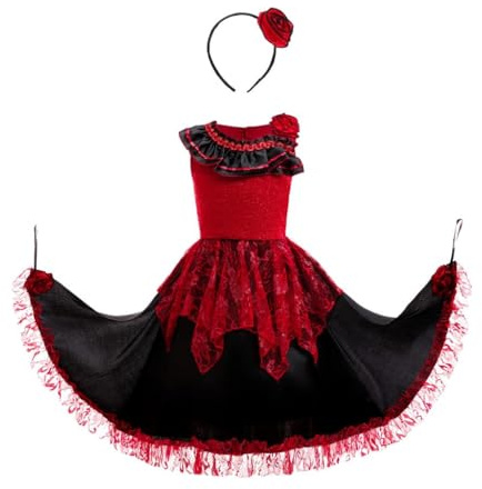 Lito Angels Vestito Flamenco Spagnolo per Ragazze Abito Elegante Rosso e Nero con Accessorio Capelli Costume per Danza Eventi Età 10-11 Anni 146