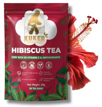 KUKER Hibiscus Tea – 30 Tea Bags | Premium Hibiscus Flower Herbal Tea | Rich in Vitamin C & Antioxidants | Caffeine-Free | Non-Bleached Bags in Resealable Aluminum Zip-Lock Pouch