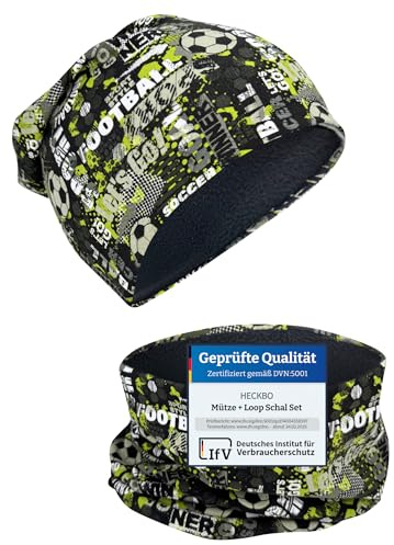 HECKBO Fotboll Barn Mössa & tubhalsduk-set – Beanie med fleecefoder invändigt – Pojkar & flickor – 95% bomull – 48–54 cm – Vintermössa & loop för barn