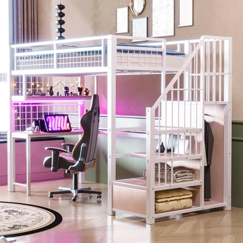Merax Metall-Hochbett 90x200 cm mit Schreibtisch, Regalen und Gitterwand, Hochbett mit LED-Lichtleiste und Steckdosen, Stauraumtreppe mit Kleiderschrank, platzsparendes, Weiß (ohne Matratze)