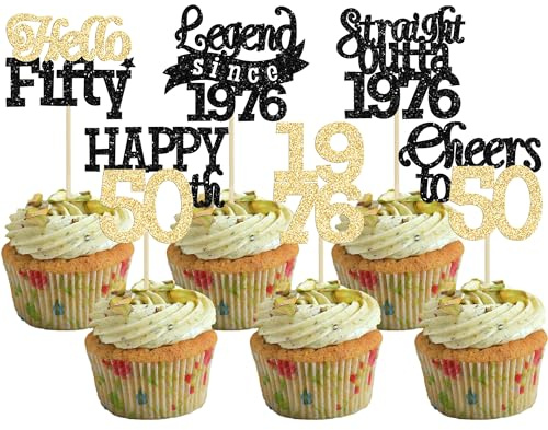 Gyufise 24Pcs Happy 50th Birthday Cupcake Toppers Hello Fifty Legend Since 1976 Cupcake Picks Cheers to 50 Years Cake Decorations for 50th Birthday Anniversary Party Supplies Black Gold