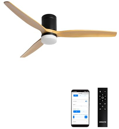 CREATE / WINDCALM L/Ventilador de techo ABS con luz negro aspas efecto madera clara con Wifi y mando / 40W, Silencioso, Ø152 cm, 6 velocidades, 3 temperaturas de luz, función verano-invierno