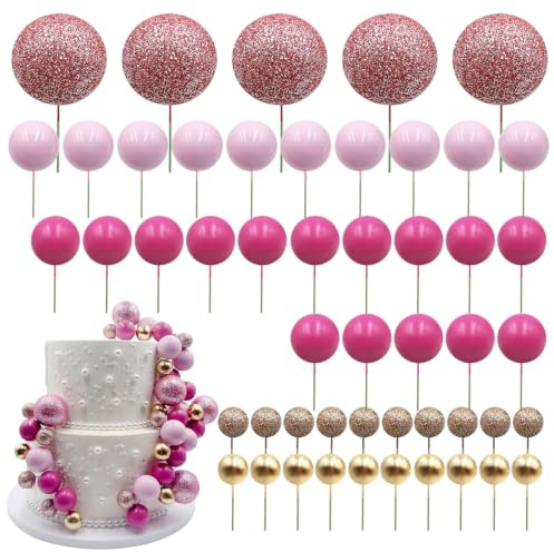 PacuM 50 Pièces Boules de Decoration Gateau Anniversaire Balle Rose | deco Gateau Anniversaire Décoration Gateau pour Gâteau D'anniversaire Mariage Pâtisserie Mariage Fête Célébration Série