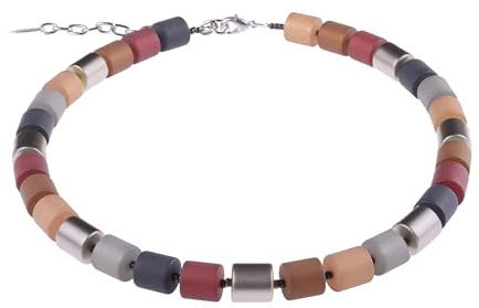 Adi Modeschmuck Elegante Kette “Bärbel” aus Polaris- und lackierten Acrylzylindern, rot/braun/grau Mix mit metallic Akzenten. Handgefertigt Berlin.