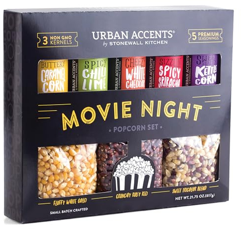 Urban Accents Movie Night Popcorn Gift Set – Includes 3 Gourmet Popcorn Kernel Varieties & 5 Flavorful Seasonings – Perfect Snack Gift Box for Parties, Holidays, or Movie Lovers