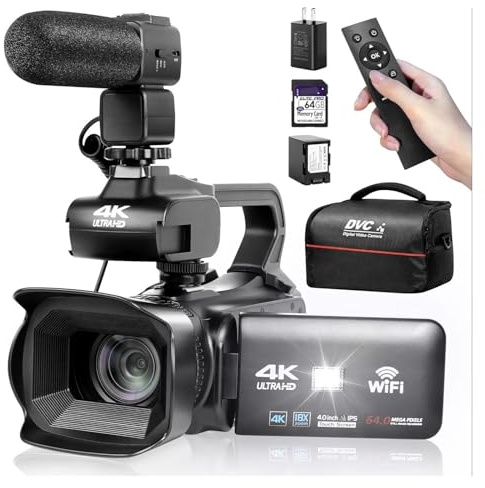 FJLKGDSP Videocamera UHD 4K con zoom digitale 18X, registratore da 64 MP, touchscreen rotante 4,0 pollici, scheda SD GB, microfono