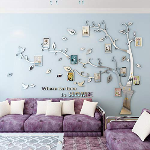Wandtattoo Baum 3D DIY Wandaufkleber Family Stammbaum Fotowand Baum Wandtattoo Wall Sticker mit Bilderrahmen Foto Wandsticker Wanddeko Deko Wohnzimmer Schlafzimmer (Silber Links,L)