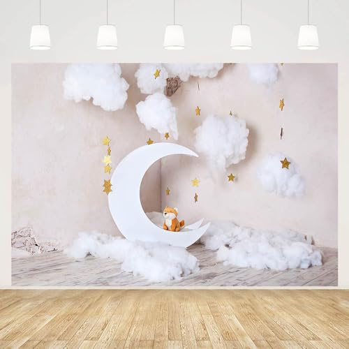 MEHOFOND 2.2x1.5m Vinyl Gemütliche Szene Wolken Sterne Mond Beige Fotohintergrund Baby Newborn Kinder Fotografie, Stoff Fotoshooting Hintergrund Geburtstag Dekoration Requisiten Kuchen Smash Studio