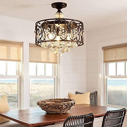 Kronleuchter Deckenleuchte Vintage Glaskristalle Wohnzimmer Lampe, Modern Industrielle Metall Design Esszimmer Fixtures LED E27 3-Flammig, Ø40cm, Pendellampe Retro Schlafzimmer Büro Leuchte, Max 60W