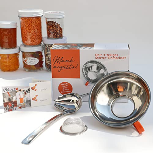 megusta® Einmachset 3-teilig, Marmeladentrichter, Schöpfkelle + feines Sieb | Trichter und Schöpflöffel aus dickem Edelstahl, Sieb wird eingelegt, + Einmach-Etiketten als Geschenk