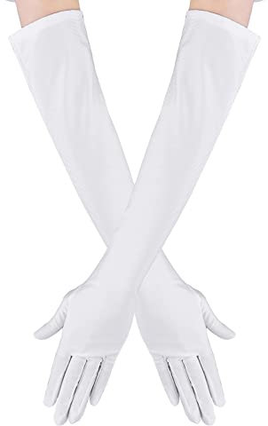 Kvinnors långa satinfingerhandskar opera bruddanshandskar party stretchiga handskar, Vitt, M