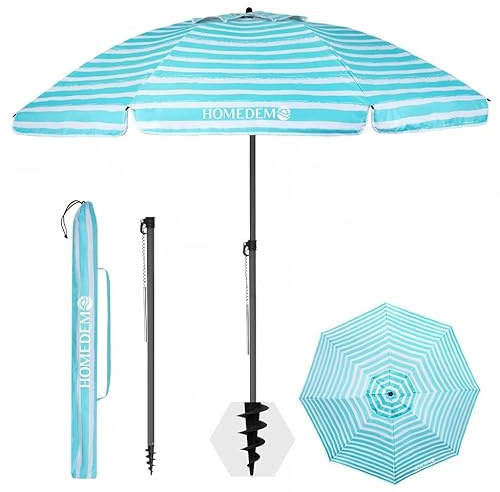 HOMEDEMO Parasol Plage Inclinable avec Revêtement Argenté, Protection Solaire UV50+, avec Pied d'ancrage à Visser & Housse de Protection, 200cm, Rayures Turquoise et Blanches