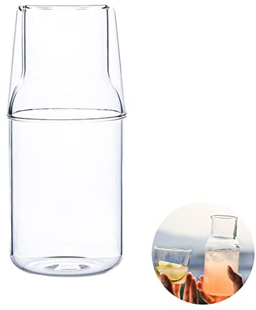 MISNODE 2-teiliges 500 ml Nachttisch-Wasserkaraffe-Set mit Tassenbecher für Schlafzimmer, Nachttisch, Glasflasche für Badezimmer, klarer Saft, Wasserkrug (transparent, 500 ml)