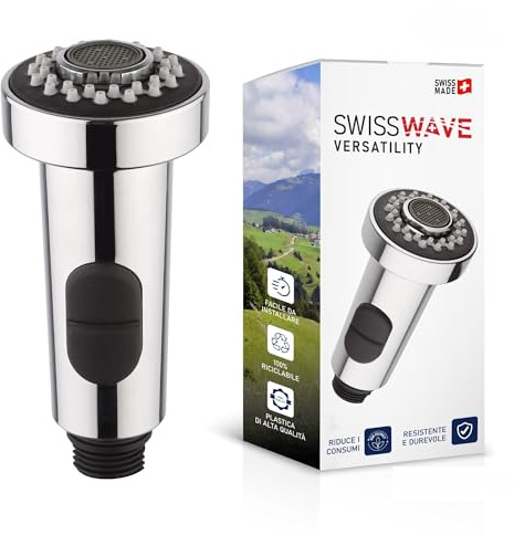 SwissWave - Doccia Cucina Disk, Doppio Getto, Spray Lava Piatti, Getto Areato, Attacco da 1/2 Pollice Maschio, Cromo, Plastica