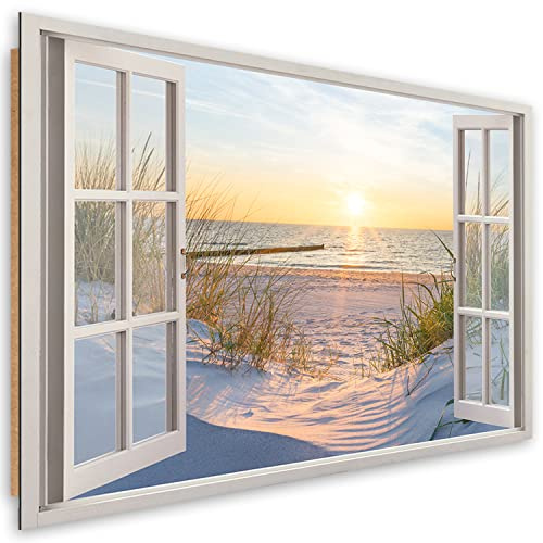 Feeby 1 pièces Tableau XXL 120x80 cm Dune Fenetre Mer Plage Art Image Deco Image Photo Graphique Tableux Couloir Nature Paysage orange