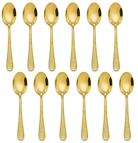 E-far 12-Piece Small Coffee Spoons, 6-Inch Stainless Steel Mini Espresso Spoons for Coffee/Sugar/Tea, Hammered Design & Rust Free, Mirror Finish-Gold