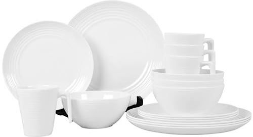 Xtremeauto 16pc Dinner Set Plates and Bowls Set - Dinnerware Sets Melamine Bowl, Plate & Mugs Crockery Plate Set Dining Tableware Dishes, Dishwasher Safe Set Caravan (Seramika Vanilla 16pc Set)