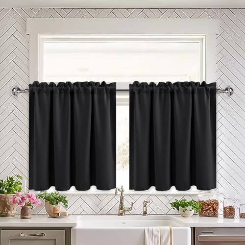 XWZO Schwarz Gardinen Blackout, Vorhänge Blickdicht, Küchengardinen Bistrogardine Kurzer Scheibengardinen für kleines Fenster, Wohnwagen, B 66cm x H 114cm pro Paneel, 2er Set