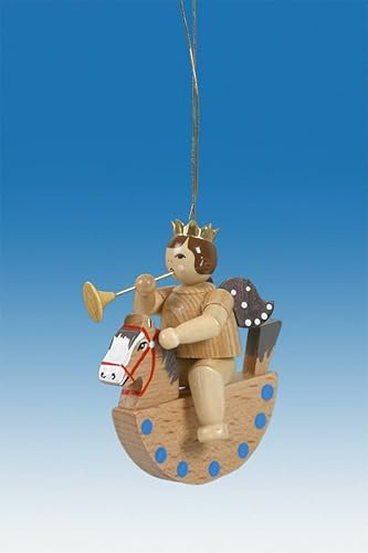 Rudolphs Schatzkiste Baumbehang Engel auf Schaukelpferd mit Trompete mit Krone Natur Höhe ca. 6cm NEU Christbaum Christbaumschmuck Weihnachten Baumschmuck Holzschmuck Holz Seiffen Erzgebirge
