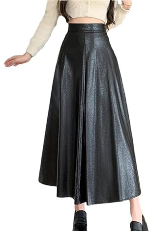 Dninmim Damen Hohe Taille A-Linie Pu Leder Röcke Herbst Winter Vintage Plissee Lange Regenschirm Rock