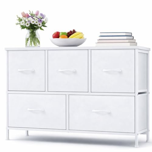 DUMOS Antonia Kommode für Schlafzimmer mit 5 Stoffschubladen, kleine Kommode Organizer Einheiten für Kleidung, Schrank, Kinderzimmer, Aufbewahrungsturm mit Schrank, Metallrahmen, Holzplatte, leichte