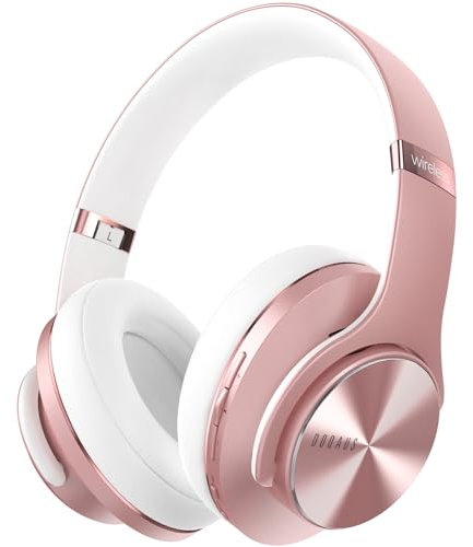 DOQAUS Bluetooth Headphones Over Ear, Foldable Wireless Headphones with 3 EQ Modes, 90 Hrs Playtime, Built-in Mic & Wired Mode, Soft Memory-Protein Earmuffs for Office Cellphone PC Tablet(Rose Gold)