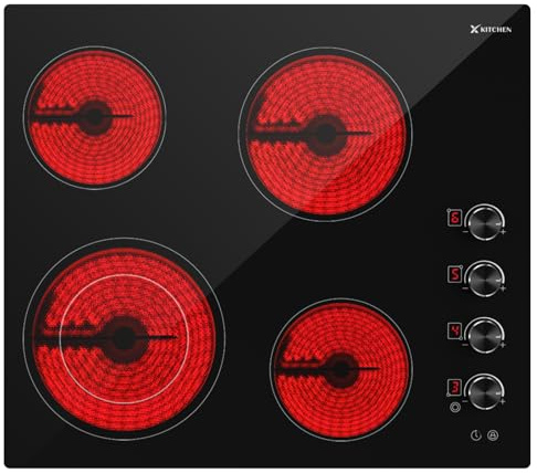 Xkitchen Electric Cooktop 24 inch Ceramic Stove 4 Burners Built-in Electric Stove 220-240V Ceramic cooktop in Black, Control by Knob/Child Lock/9 Power Levels/Timer