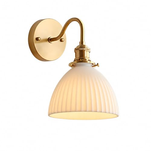 NICRX 17 cm Keramik-Wandleuchte E27 Vintage Wandlampe Gold (C) | Gerippter Glockenschirm, Kupferlegierung, Festanschluss für Schlafzimmer, Flur und Wohnzimmer