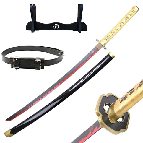 Hashiman - Katana Demon Slayer - Yoriichi Tsugikuni - Réplique Manga Sabre + Support d'Epée Bois + Ceinture