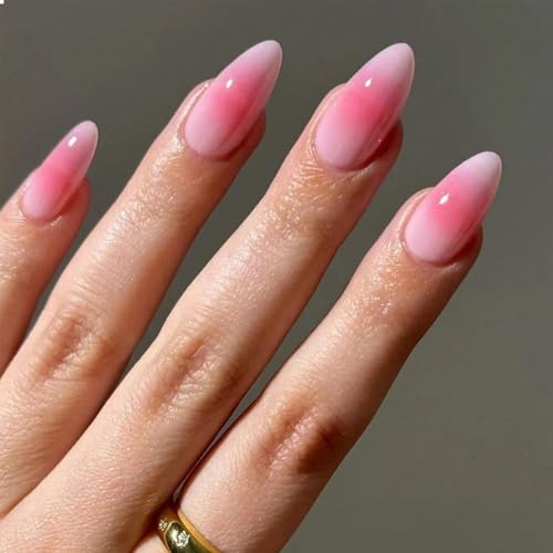 GlamRays 24 Stück Mandel Gradient Pink Spitzen Press On Nails Mittelgroße Falsche Nägel Pink Gradient Acrylnägel Passgenau Design Acryl Falscher Nagel Set
