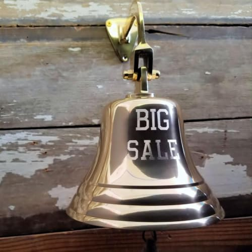 Bell Hanging Ship Aluminum Bronze Antique Finish with Lanyard | Custom Laser Engraving Text Customization | Decorative Ornament Accessory (9 Inches (Brass))