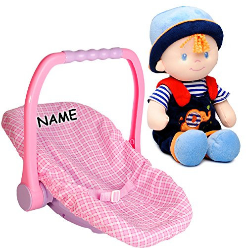 alles-meine.de GmbH 2 TLG. Set große Autoschale/Autositz + Stoffpuppe - Junge - inkl. Name - Bezug abnehmbar/Henkel stufenlos verstellbar - Schmusepuppe - Puppentrage /..