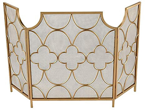 Fireplace Screen Guard, Schermo antincendio Pieghevole a 3 Pannelli con griglia fine, Protezione antincendio a Scintilla per caminetti e stufe Interni/Esterni, Metallo, Oro