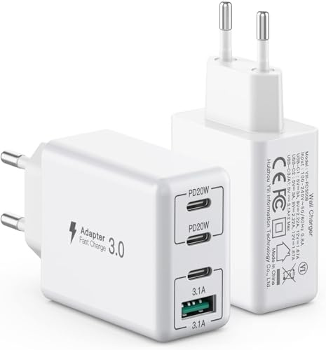 [2 Pack] 40W USB C Charger, 4 Port Block Fast Charging Block PD+QC Wall Plug Type C Charging Connector Power Adapter Compatible with iPhone 11/12/13/14/15/16/Galaxy S23/Tablet