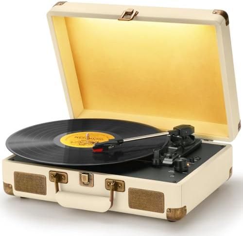 SKEVONO Vinyl Record Player, 3-Speed Bluetooth Turntable Portable Suitcase Belt-Driven Record Player with Built-in Speakers & LED Light, Support RCA Line-Out AUX Input Headphone Jack, Beige