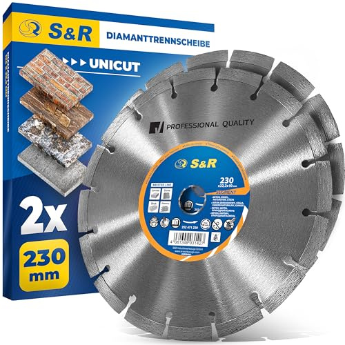 S&R Disque Diamant 230 à Béton. Disque diamant Meuleuse 230 à tronçonner Béton, Pierre, Brique. Lot de 2 Meule diamantée 230mm