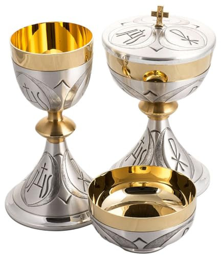 Holyart Cáliz Patena Copón en Bronce IHS cincelado, CálizAltura cáliz: 23 cm|Diámetro Copa Cáliz: 8.5 cm|Diámetro Patena: 11 cm|Diámetro píxide: 12 cm|Altura Patena: 5 cm|Altura píxide: 22 cm