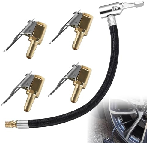 HUSOUE 4 Stück Reifenfüller Schlauch, Ventilverlängerung Set mit 8mm Autoventil Hebelstecker Reifenfüllschlauch Air Chuck Messing Autoventil Adapter für Auto Fahrrad Motorrad Fahrradventil